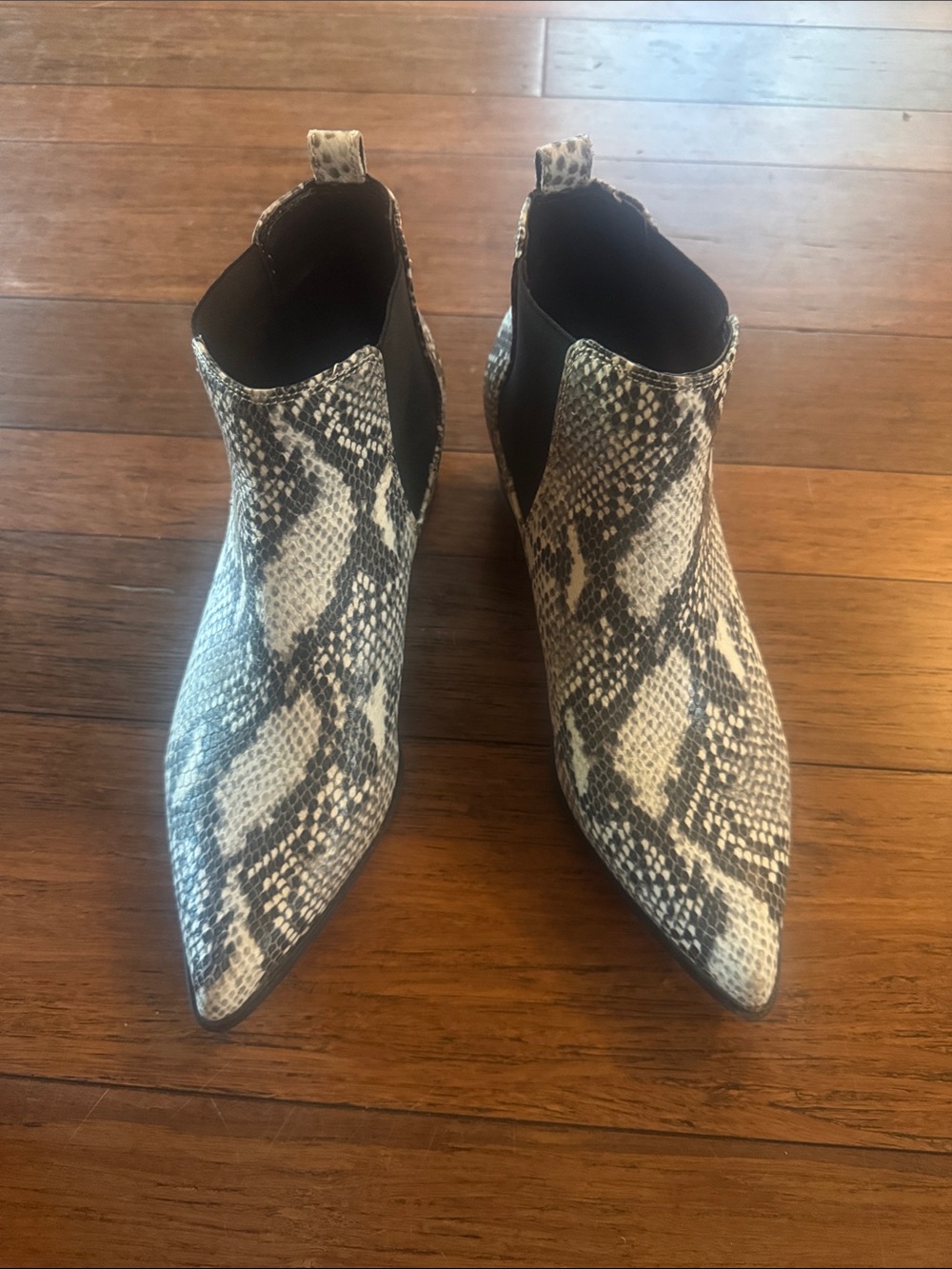 Blondo Snake-Print Pointed Toe Chelsea Booties in Beige and Black